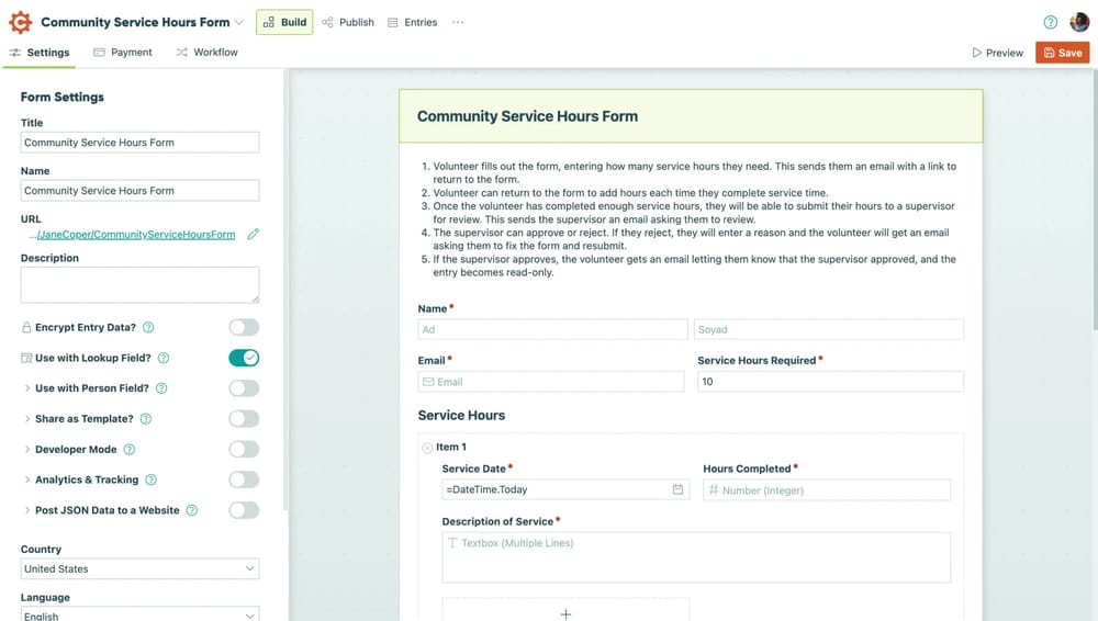 Workspace of Cognito Forms