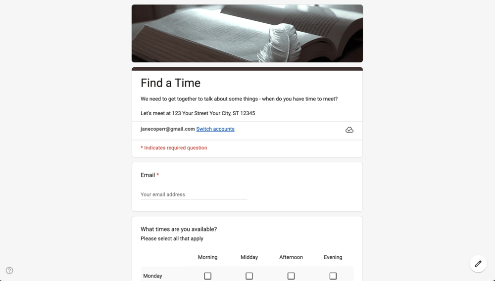 Google Forms zaman belirleme formu