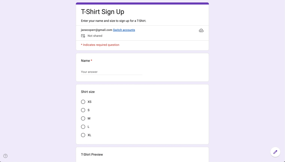 Google Forms t-shirt kayıt formu