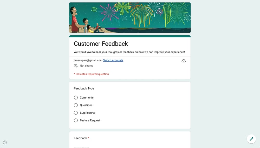 Google Forms Müşteri geri bildirim formu