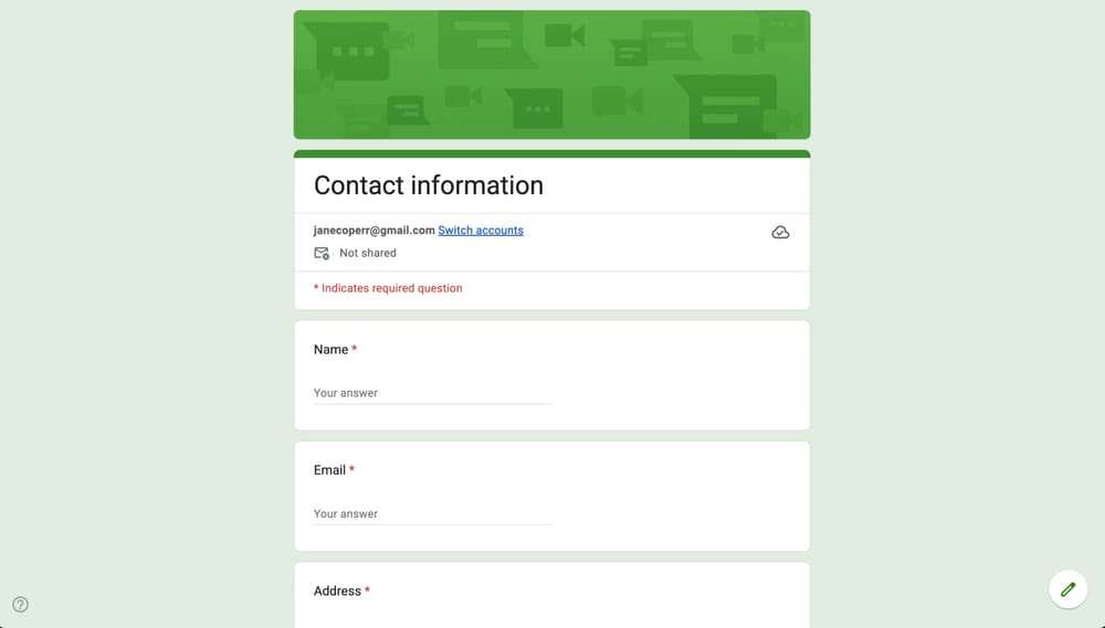 Google Forms iletişim bilgileri formu