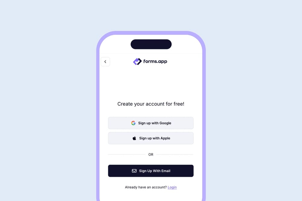 Regístrate o inicia sesión en tu cuenta de forms.app