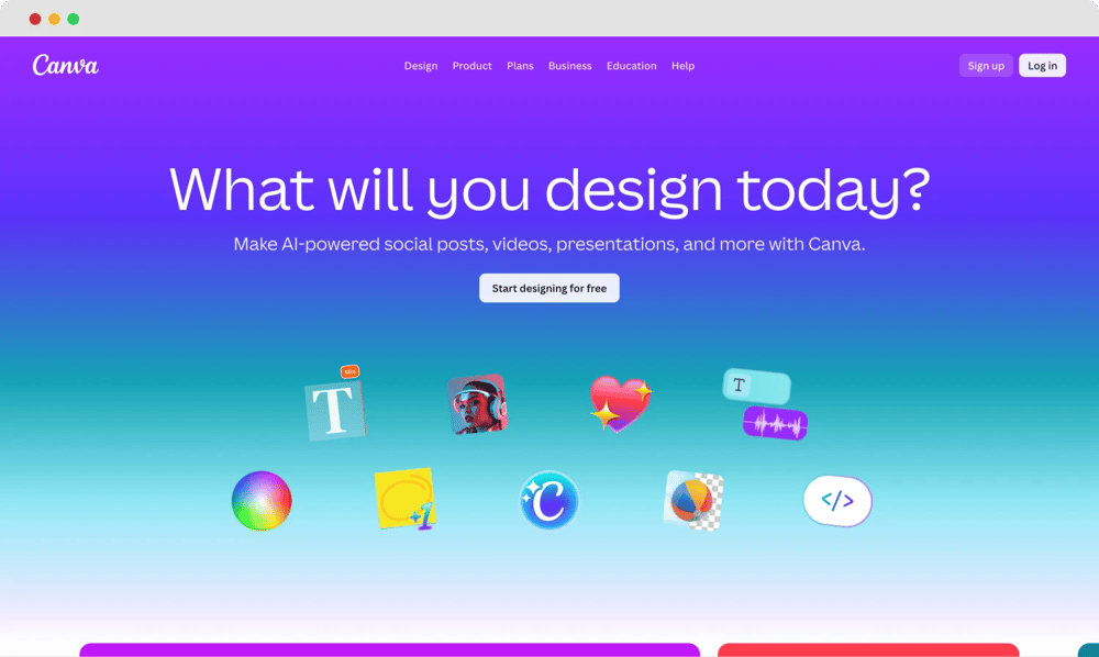 The homepage of Canva