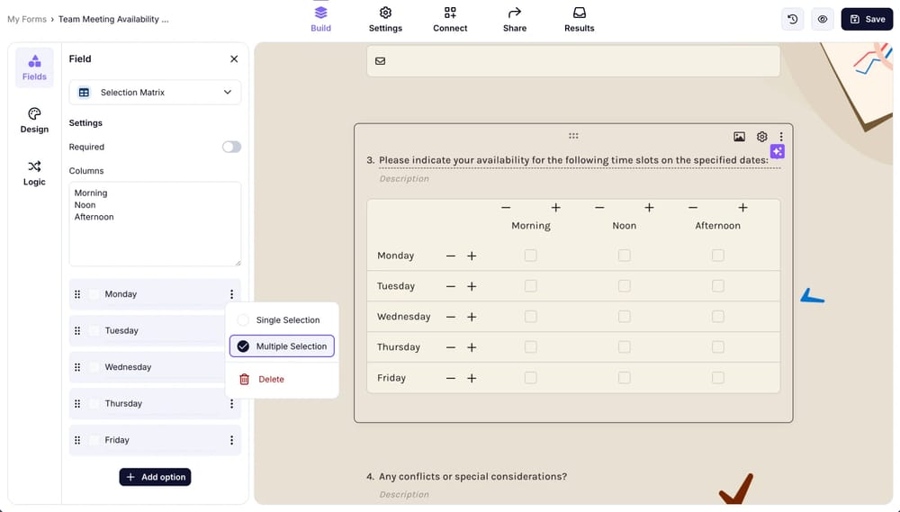 Bearbeiten der Auswahlmatrix auf forms.app