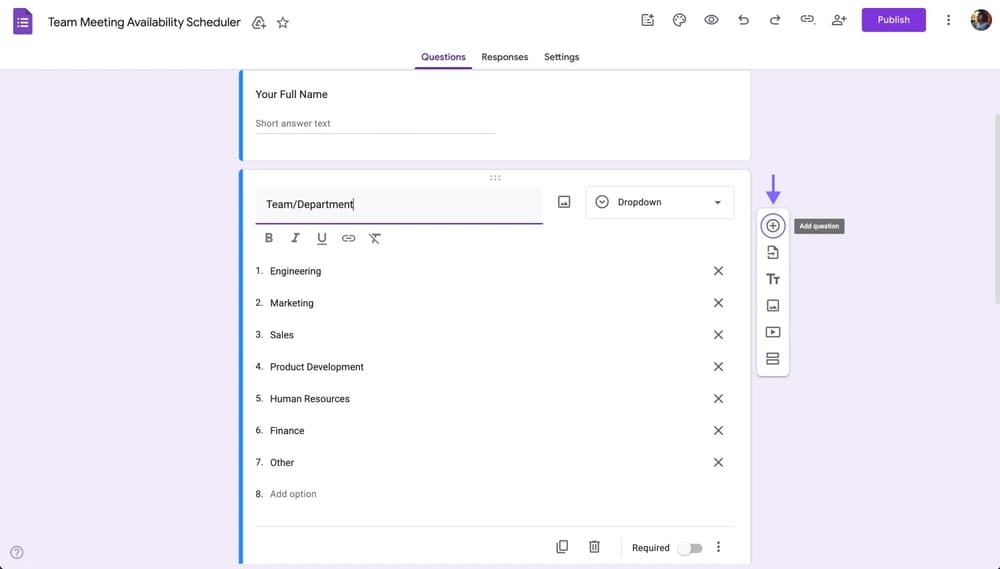 Fügen Sie die Frage hinzu (+) Schaltfläche auf der rechten Seite der Google Form Bearbeitungsseite