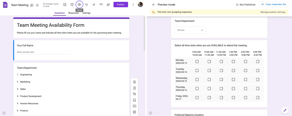 Das Vorschau-Symbol und die Vorschau eines Checkbox-Rasters in Google Forms
