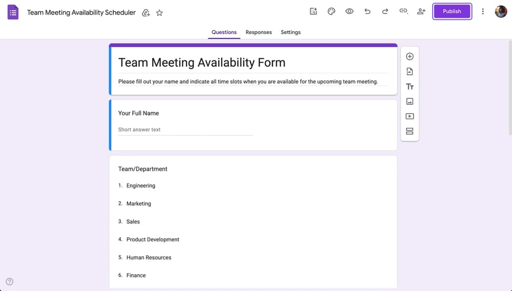 Veröffentlichen-Schaltfläche in Google Forms