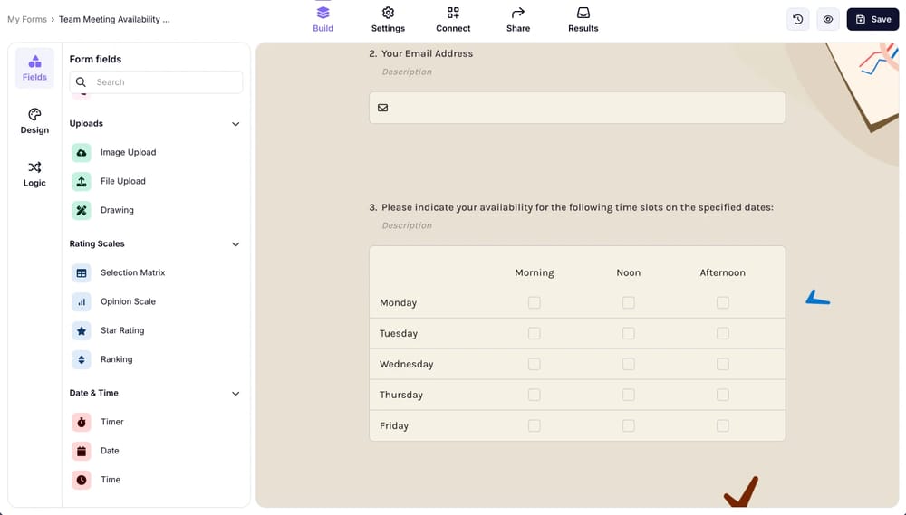 Kontrollkästchengitter, auch bekannt als Auswahlmatrix auf forms.app