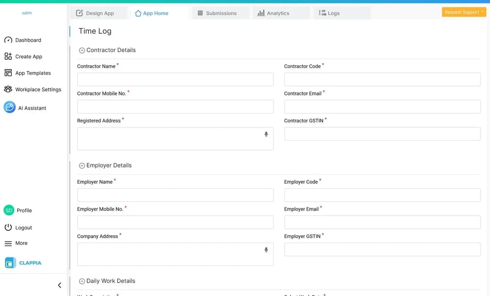 The app builder screen from Clappia