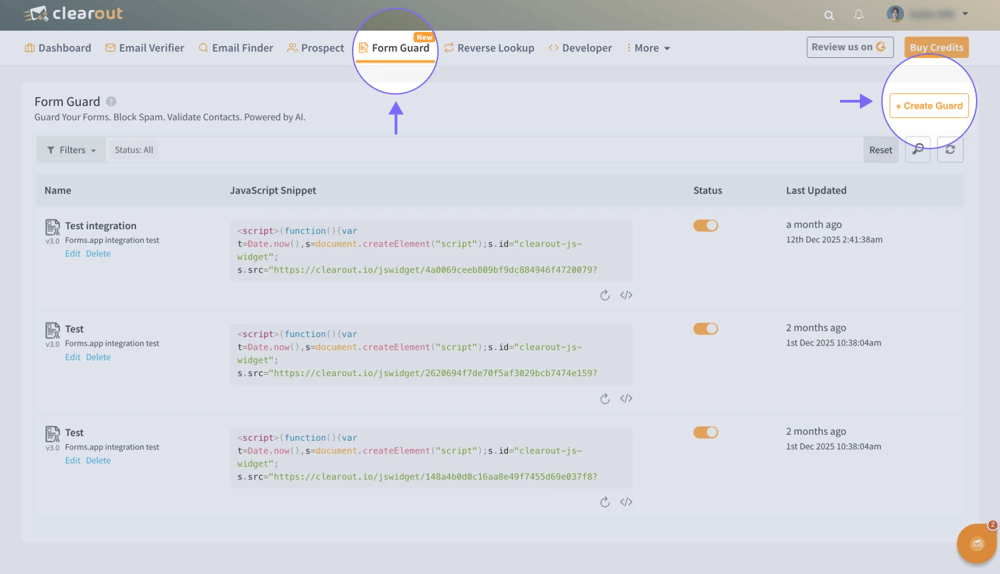 The Form Guard page on Clearout