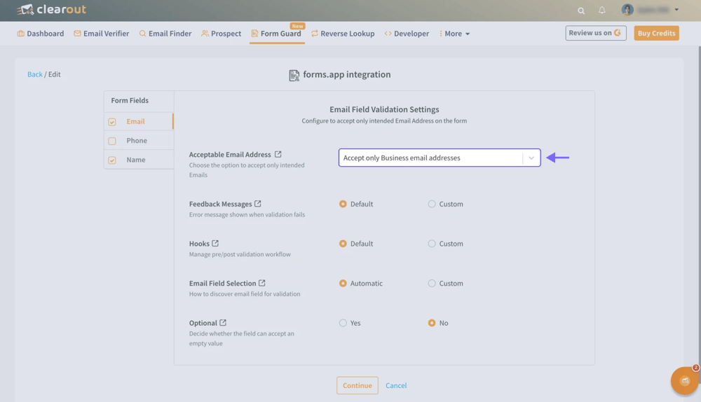 Create a Form Guard on Clearout