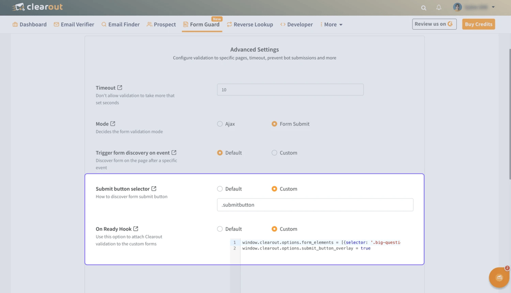 Configure your Form Guard on Clearout