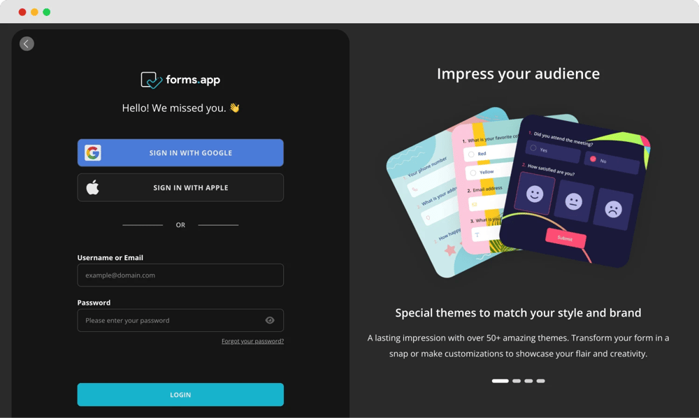 Melden Sie sich bei Ihrem forms.app-Konto an