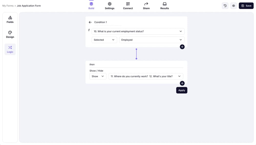 Definir condições para perguntas do formulário