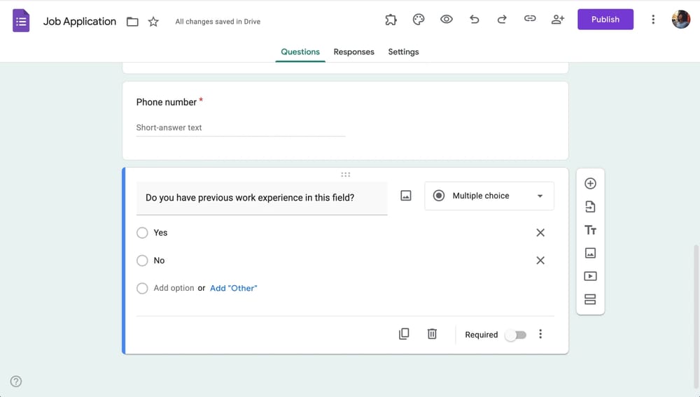 Adicionando perguntas ao formulário do Google