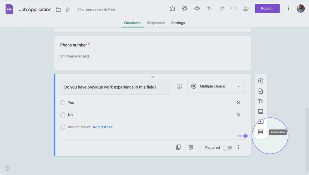 Adicionar uma seção ao Google Forms