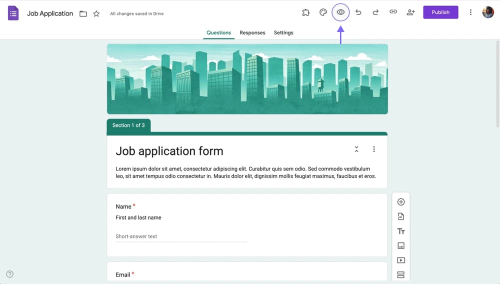 Clicar no ícone do “olho” para visualizar e testar o formulário