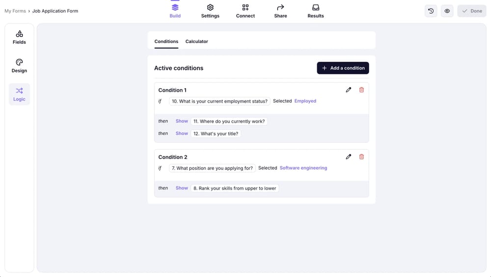 Página de Condições no forms.app