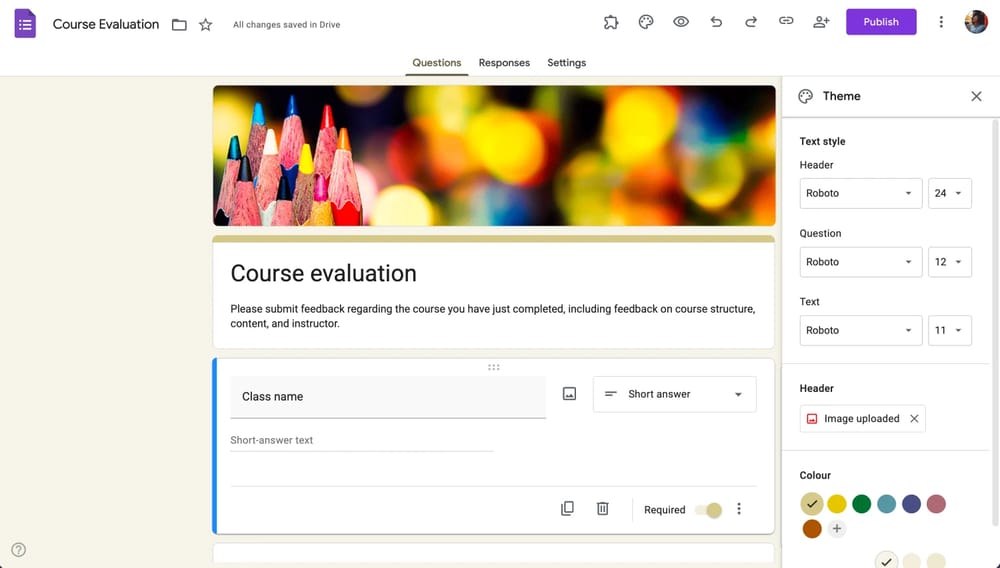 Opções de personalização no Google Forms