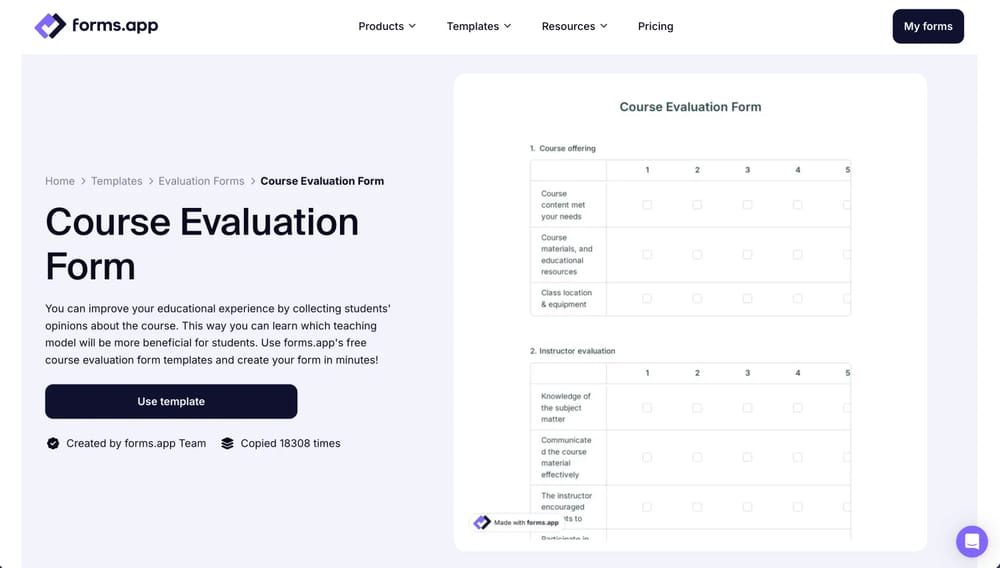 Modelo de formulário de avaliação de curso no forms.app