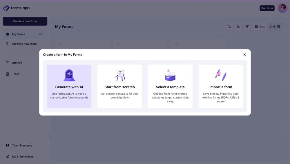 forms.app panosundaki form oluşturma seçenekleri
