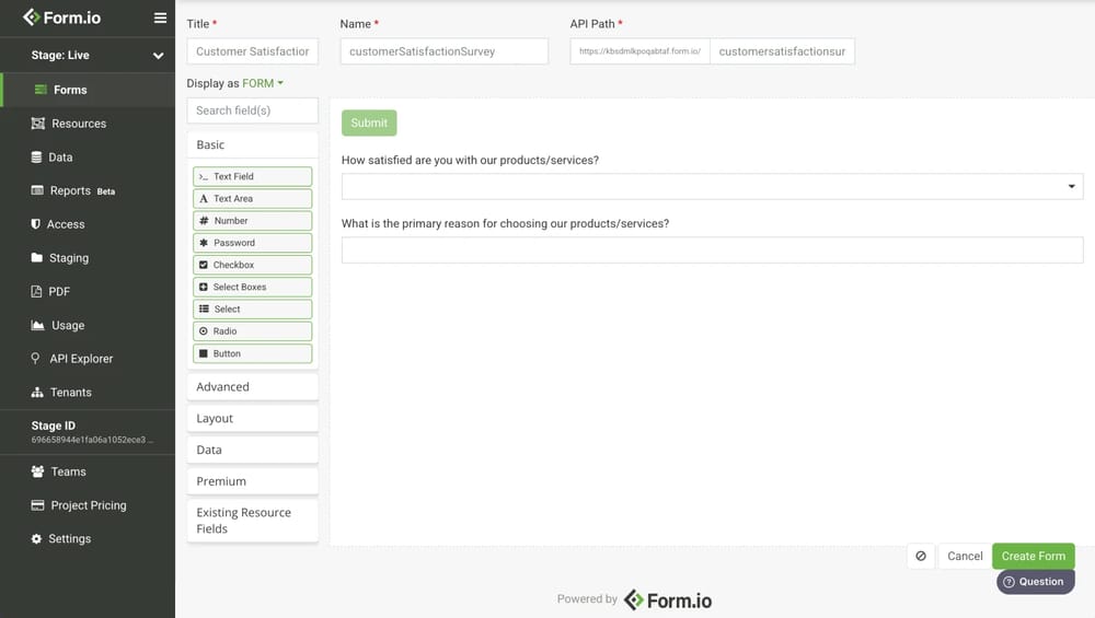 Workspace of Form.io