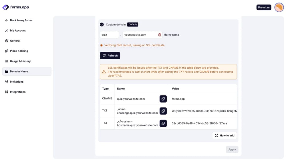 An example of the TXT value that should be added after adding CNAME to your domain