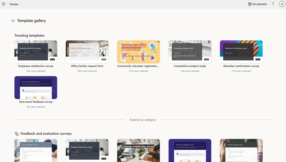 Open the Microsoft Forms template gallery