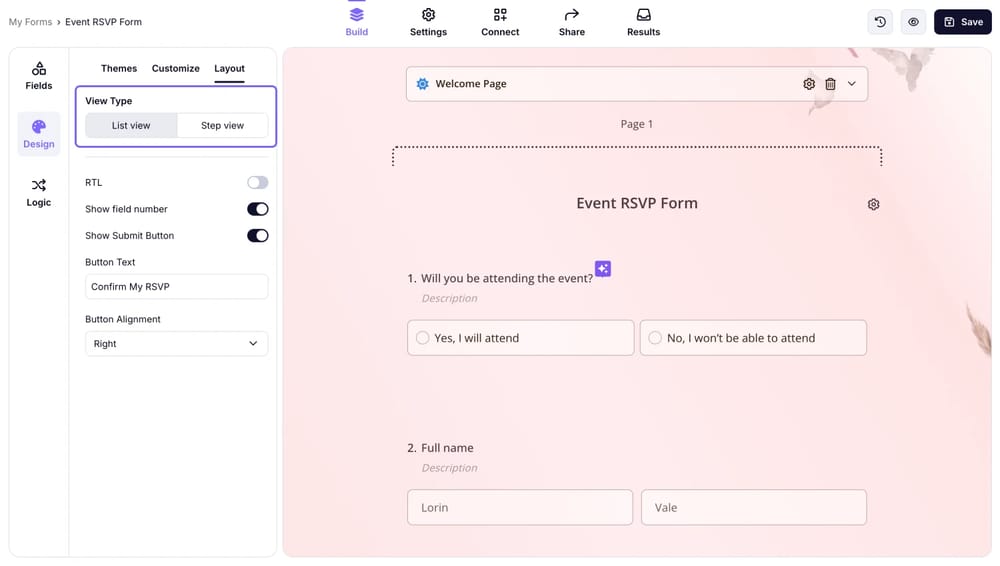 Auswahl eines Ansichtstyps für Ihr Formular auf forms.app