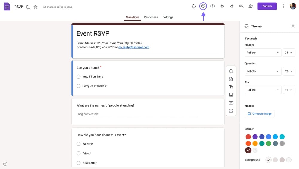 Farbpalette-Symbol in der oberen rechten Ecke eines Google Formulars