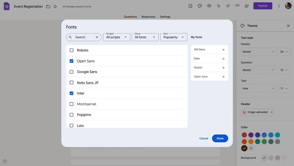 Das Pop-up „Weitere Schriftarten“