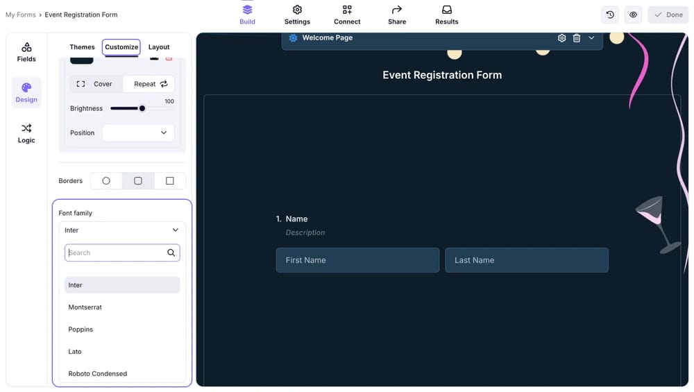 Schriftartenoptionen in forms.app