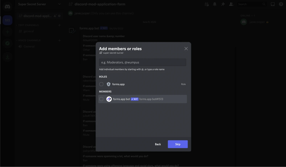 An image showing the page where you need to as forms.app bot as a member and assign it a role