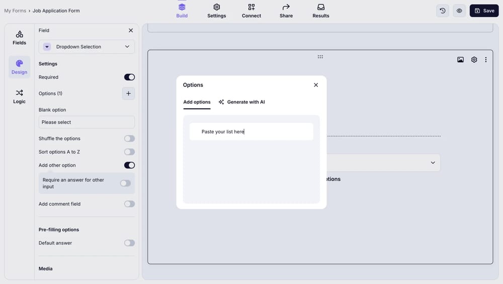 An image showing how you can paste a list of options to your field by opening the field settings