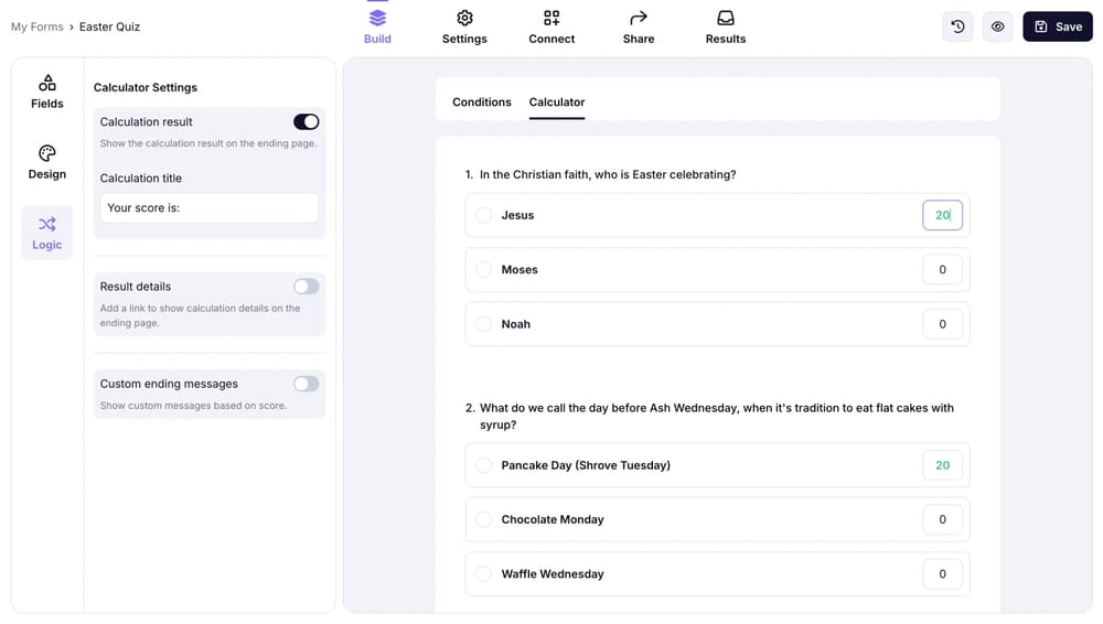 Add points to correct answers