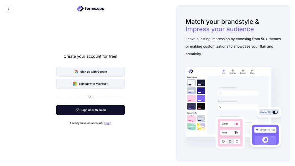 Creación de una cuenta de forms.app