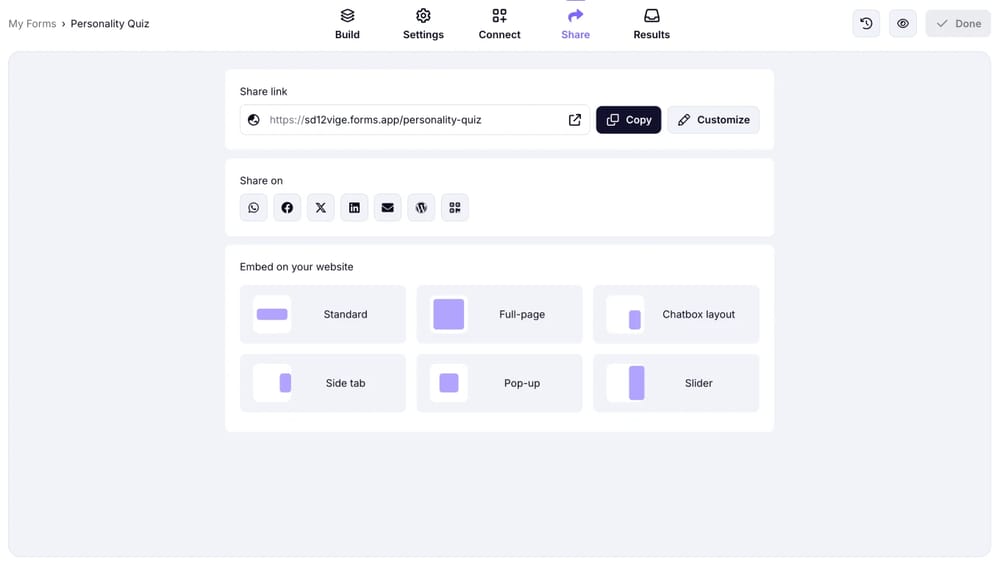 Embedding options on forms.app