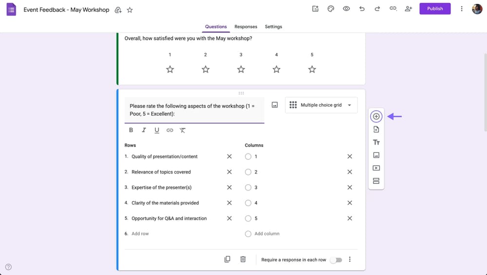 Google Forms'da soru ekleme düğmesi