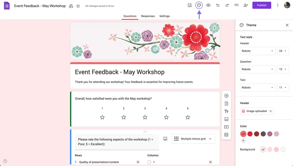Google Forms'da tema seçenekleri
