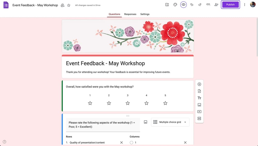 Google Forms'daki önizleme ve yayınlama düğmeleri