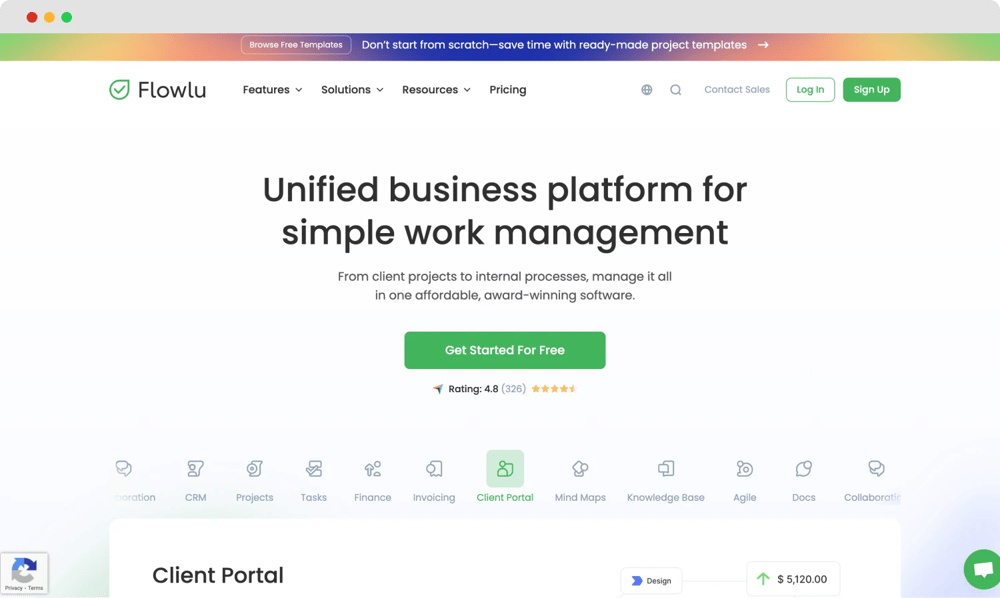The homepage of Flowlu