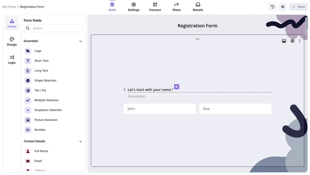 Workspace of forms.app