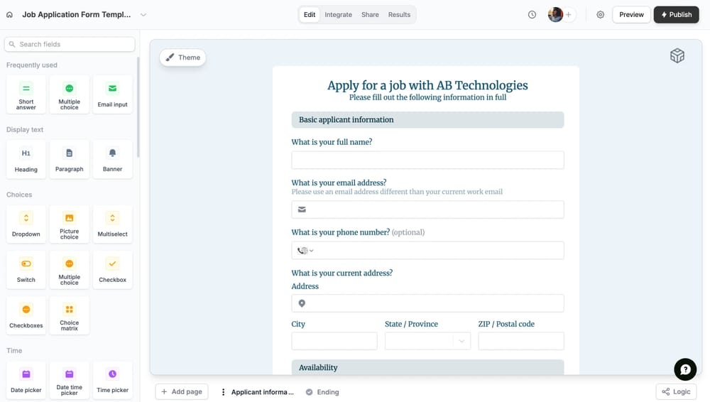 Workspace of Fillout