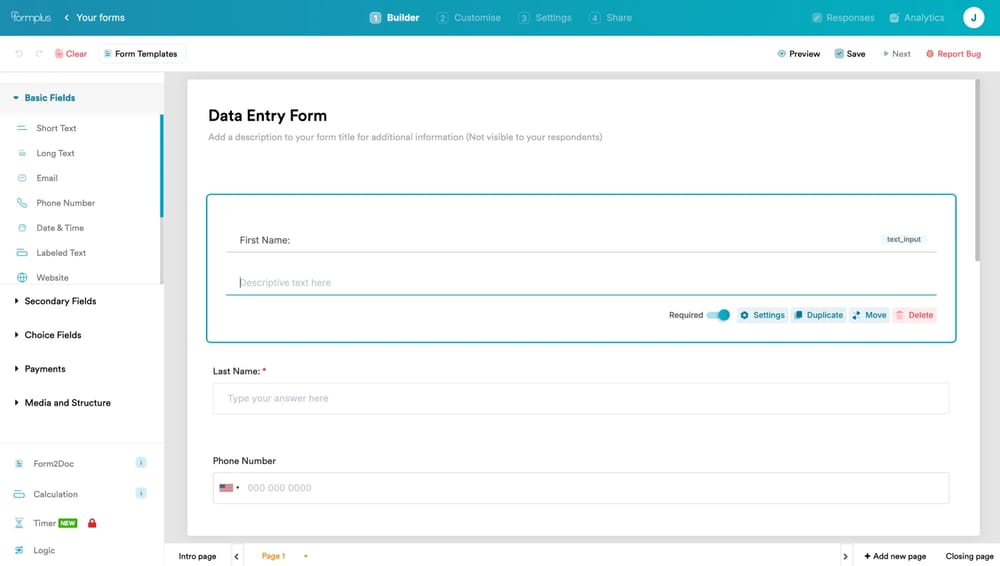 Workspace of Formplus