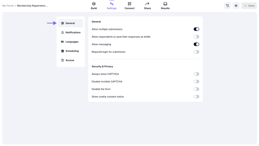 An image showing the area in the Settings section where you can set up all the General settings