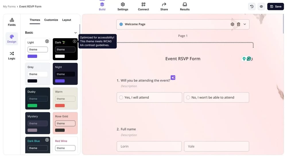 Die Auswahl eines Themas für Ihr Formular auf forms.app