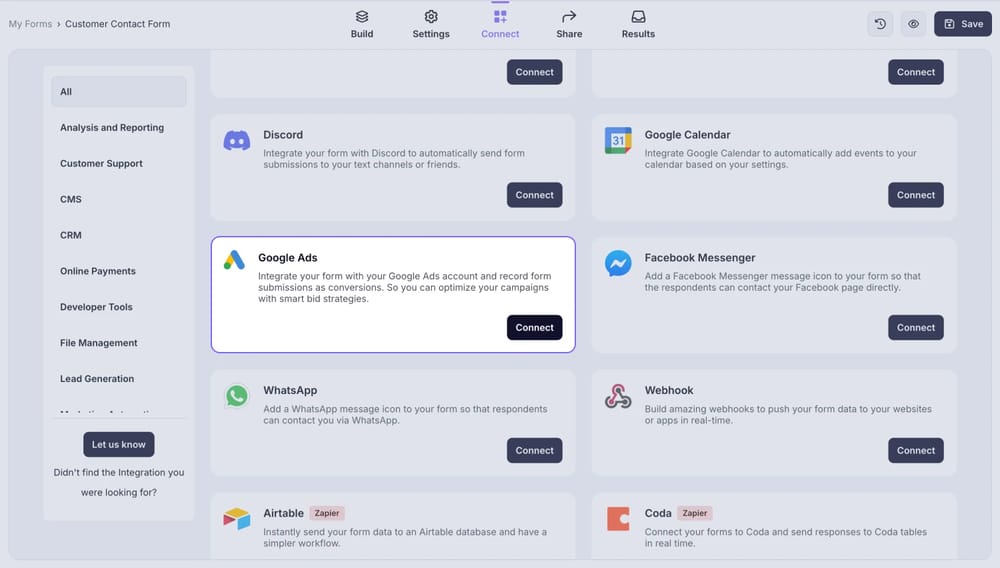An image showing the “Google Ads integration” button, which you can easily find by accessing the “Connect” tab