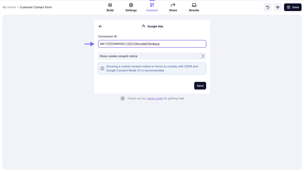 An image showing the area from the “Connect” section where you will be able to paste your conversion ID