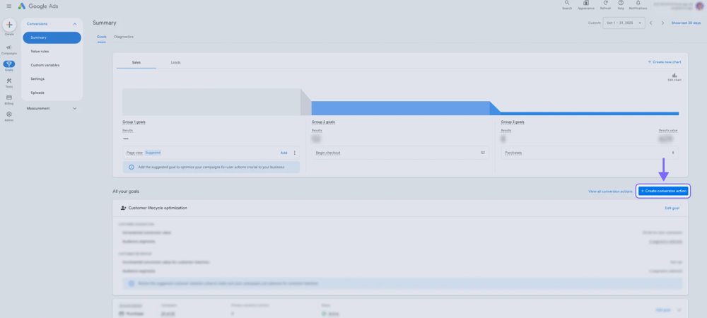 An image showing the “+ Create conversion action” which you need to press
