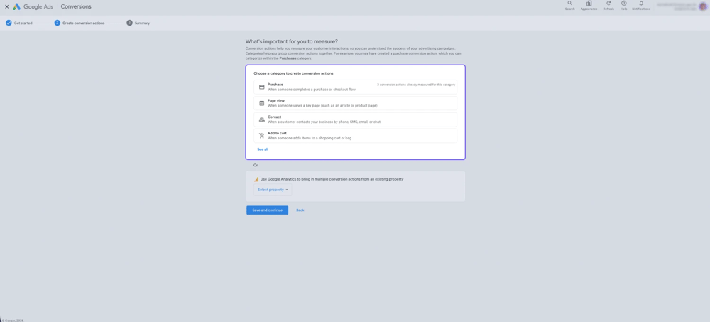 An image showing the page where you need to select a category to create conversion actions
